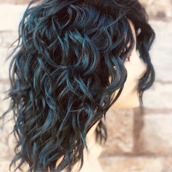 None Other - Evergreen & Black Curly Bob Human Hair Blend Wig Size OS